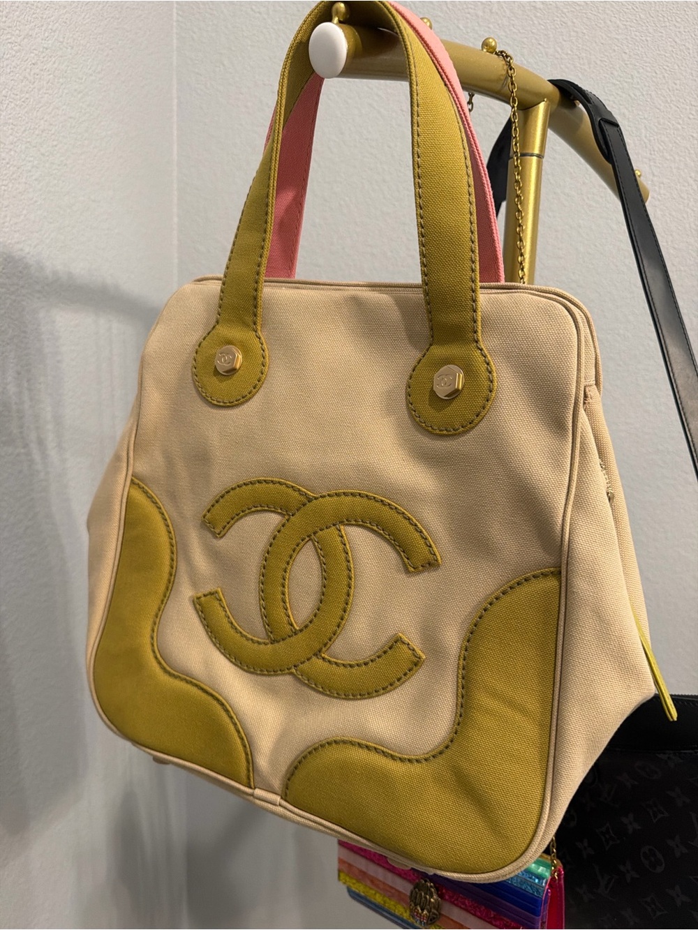 Preloved CHANEL Beige Canvas Satchel with Olive and Pink Accents